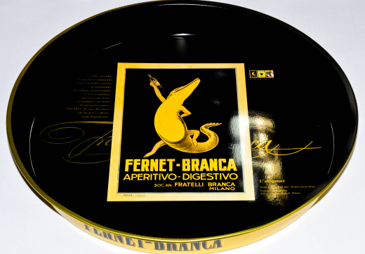 Fernet Branca, Metall Serviertablett, Rundtablett schwarz/gold  Aperitivo-Digestivo