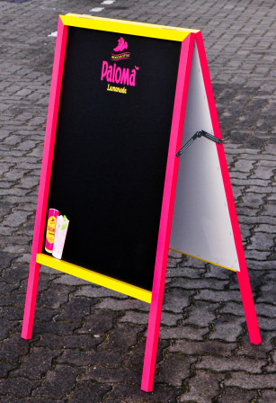 Paloma Lemonade, Echtholz Kreidetafel, Kundenstopper, Schreibtafel, Pink-Gelb Mexican Style