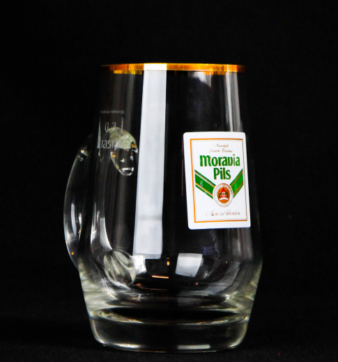 Moravia Pils, Glas / Gläser Bier Krug 0,3l Höhr Grenzhausen, Glaskrug mit Goldrand