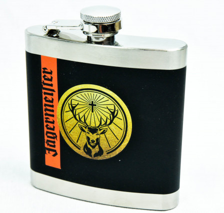 Jägermeister Likör, Edelstahl Flachmann, Taschenflasche, schwarze Ausführung