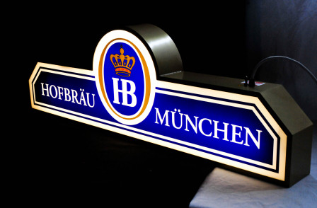 Hofbräu München, Neon Tresenleuchtreklame, Leuchtwerbung, Messingoptik, an Kette