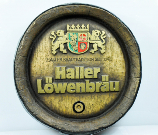 Haller Löwenbräu Bier, Faßboden Werbeschild in Echtholz Optik, braun