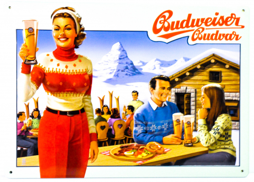 Budweiser Bier, Sammel Blechschild, Werbeschild Reklameschild Skihütte