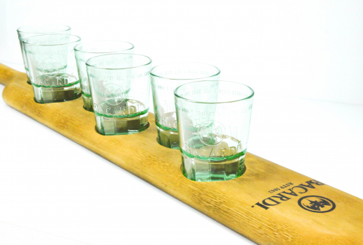 Bacardi Rum, Sehr massiver Echtholz Glasträger Gläserträger mit 6 Gläsern 29cl