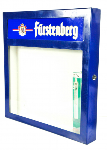 Fürstenberg beer menu box made of solid steel, neon lighting, lockable