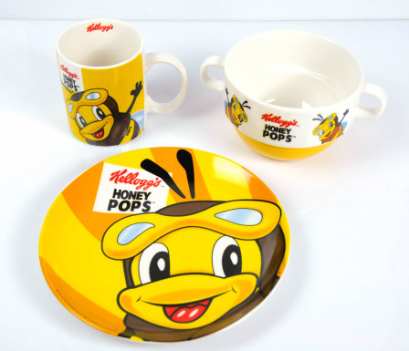 Kelloggs Honey Pops, 3teiliges Frühstücksset / Schale Becher Teller Kindergedeck