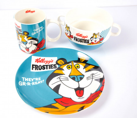 Kelloggs Frosties, 3teiliges Frühstücksset / Schale Becher Teller Kindergedeck