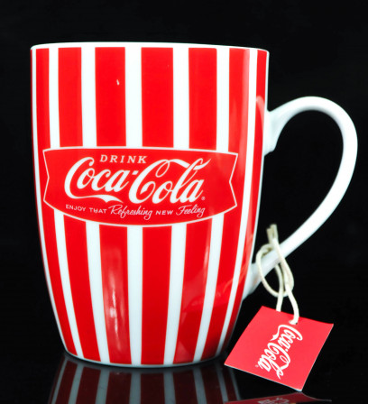 Coca Cola Becher Tee Kaffeetasse Mug Glas Yes, Coke STRIPES Weiß Rot