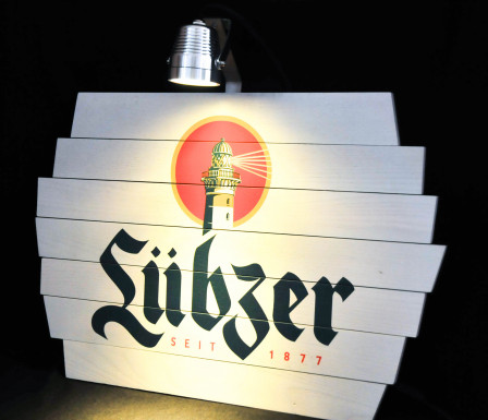 Lübzer Bier, Outdoor XXL Halpgen LED Echtholz Leuchtreklame, Leuchtwerbung Edelstahl!