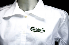 Carlsberg Bier womens waiter blouse, white, 3/4 sleeves, embroidered logo, size M