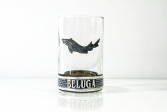 Beluga Vodka, glass/glasses, shot glass, stamper, stainless steel decoration with the well-known metal fish Stoer