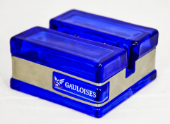 Gauloises Tabak Speisekartenaufsteller, blau, Glas, Schriftzug silber