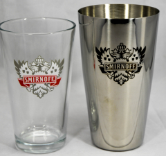 Smirnoff Vodka, Bostonshaker, Edelstahl, schwarzes Logo, Oberteil Glas