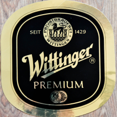 Wittinger Bier, Aufkleber, Wittinger Premium Oval Gold, 26 x 25 cm