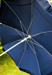 Paulaner Weißbier Sonnenschirm, blau, runde Ausführung, Weiß Umrandung.