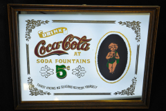 Coca Cola, Werbespiegel in Echtholzrahmen braun Soda Fountains