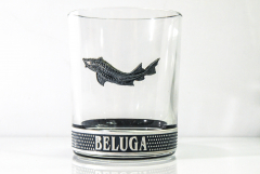 Beluga Vodka, glass / glasses tumbler Stainless steel decoration with the well-known metal fish Stoer