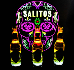 Salitos Bier 3fach LED Leuchtreklame, Flaschenleuchte Glorifier Totenkopf