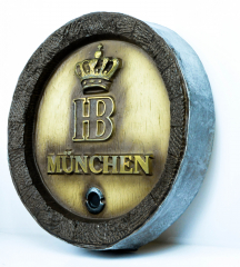 Hofbräu Bier München, Werbeschild, Fassboden Schild aus Kunststoff, Holzoptik