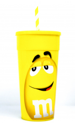M&M, drinking cup, plastic cup with lid and straw, color yellow