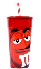M&M, drinking cup, plastic cup with lid and straw, color red