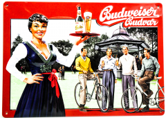 Budweiser Bier, Sammel Blechschild, Werbeschild Reklameschild Fahrradfahren
