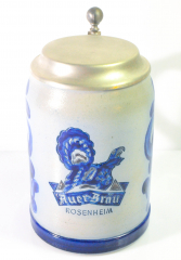 Auerbräu Bier, Bierkrug, Emailierte Schrifzüge Tonkrug mit Zinndeckel 0,5l Rosenheim