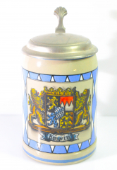 Bierkrug, Tonkrug mit Zinndeckel Bayern Wappen