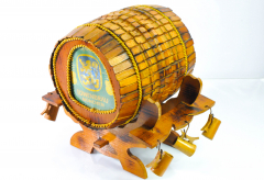 Löwenbräu Weissbier, real wood handmade deco barrel on rack with 6 wooden mugs