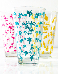 Malibu Liqueur Set of 3 Cocktail Glass Mixing Glass Flamingo Pineapple Palm Pink Turquoise Yellow Rastal Glasses