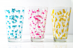 Malibu Rum 3er Set Cocktailglas Mixglas Flamingo Ananas Palme Pink Türkis Gelb Rastal Glas / Gläser