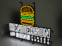 Henderson & Sons Snacks, LED Leuchtreklame, Leuchtwerbung Burger mit Schalter