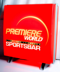 Premiere World Sportsbar Neon Außen Leuchtreklame, Leuchtwerbung auf Sockel