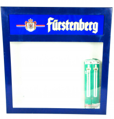 Fürstenberg beer menu box made of solid steel, neon lighting, lockable