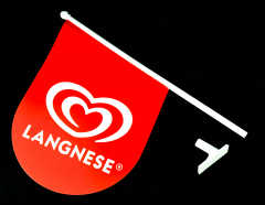 Langnese Eis, Fahne Flagge mit Halterung LKW Plane Kundenstopper Langnese rot